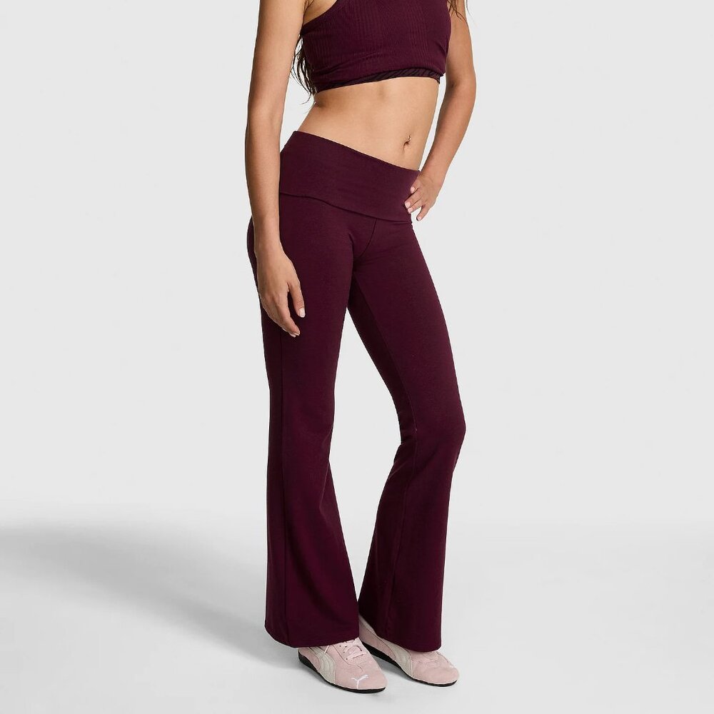 PINK Victoria's Secret Stretch Cotton Foldover Flare Leggings Burgundy Med NWT